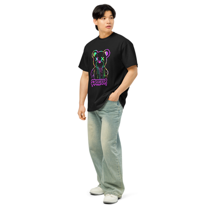 Person wearing a black t-shirt with a colorful bear graphic and 'Supreme' branding