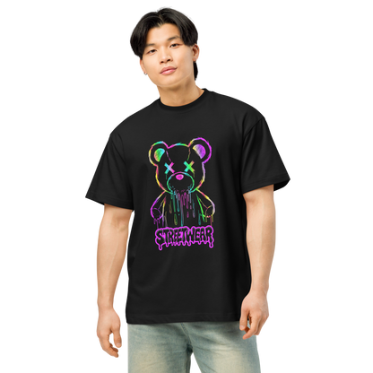 Person wearing a black t-shirt with a colorful bear graphic and 'Supreme' branding